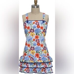 NWT F2726 women’s apron girlie frilly flowers white yellow blue